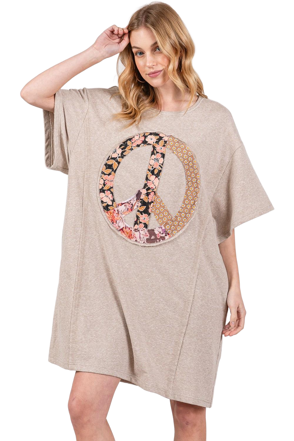 Full Size Peace Sign Appliquéing Short Sleeve Tee Dress