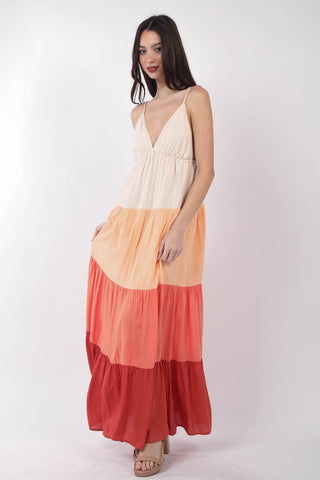 Color Block Tiered Maxi Came Dress