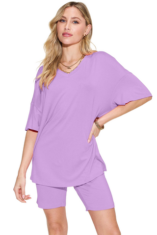 Full Size  V-Neck Drop Shoulder T-Shirt and Shorts Set