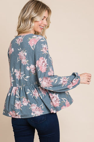 Super Lady Full Size Baby doll Floral Long Sleeve Blouse