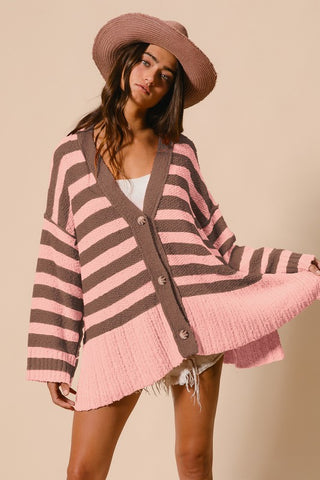 Bib Slit Striped V-Neck Button Up Cardigan