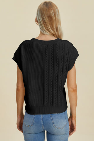 Full Size Cable-Knit Round Neck Short Sleeve Sweater