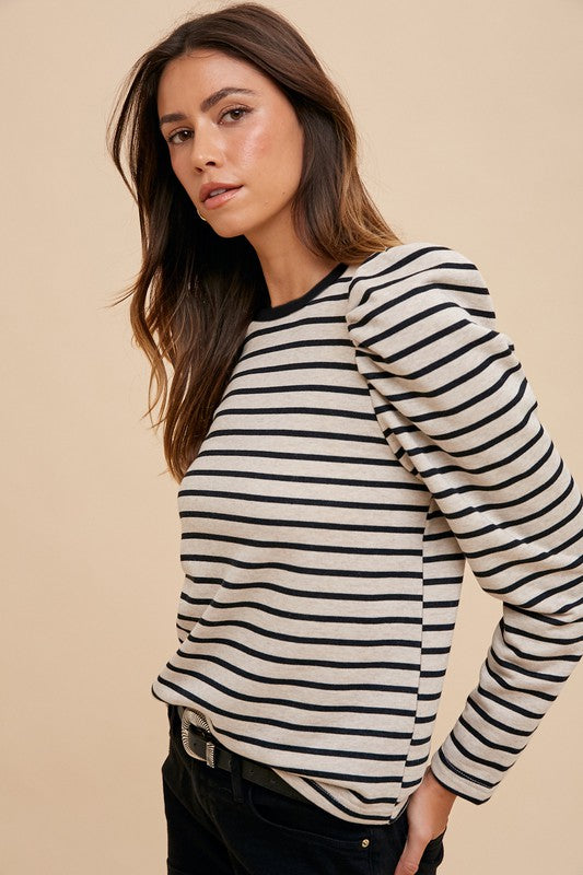 Annie Wears Striped Round Neck Puff Sleeve French Terry Top