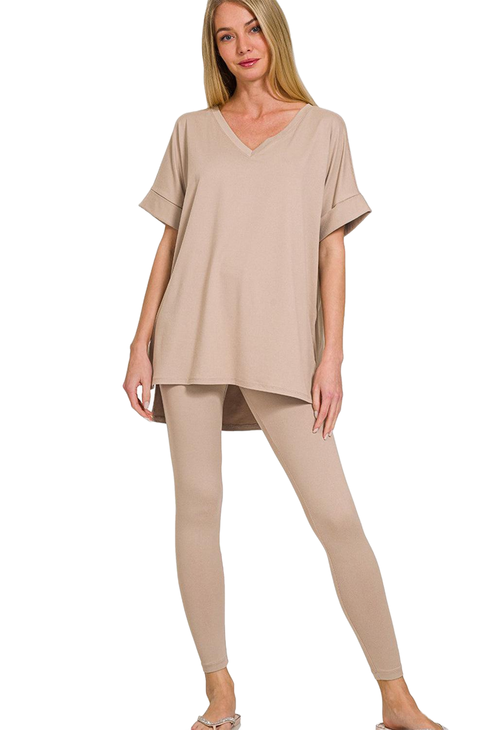 Full Size V-Neck Rolled Short Sleeve T-Shirt and Leggings Lounge Set