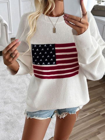 US Flag Round Neck Long Sleeve Knit Top