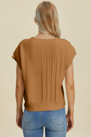 Full Size Cable-Knit Round Neck Short Sleeve Sweater