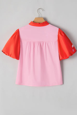 Embroidered Notched Short Sleeve Baby doll Blouse