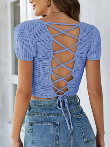 Lace-Up  Square Neck Sweater