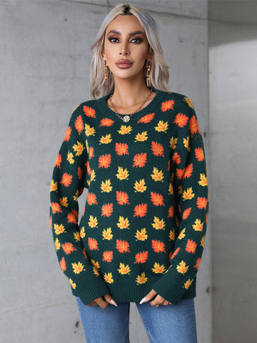 Maple Leaf Round Neck Long Sleeve Sweater