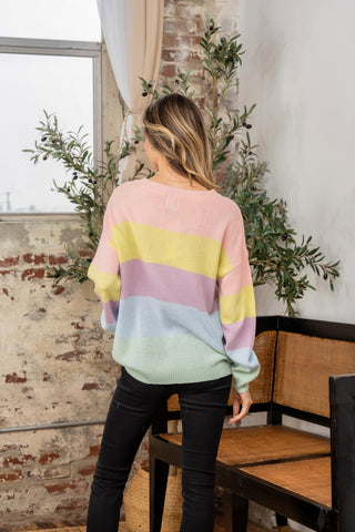 Full Size Color Block Round Neck Dropped Shoulder Sweater