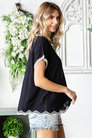 Full Size Contrast Wavy Crochet Drop Shoulder Knit Top