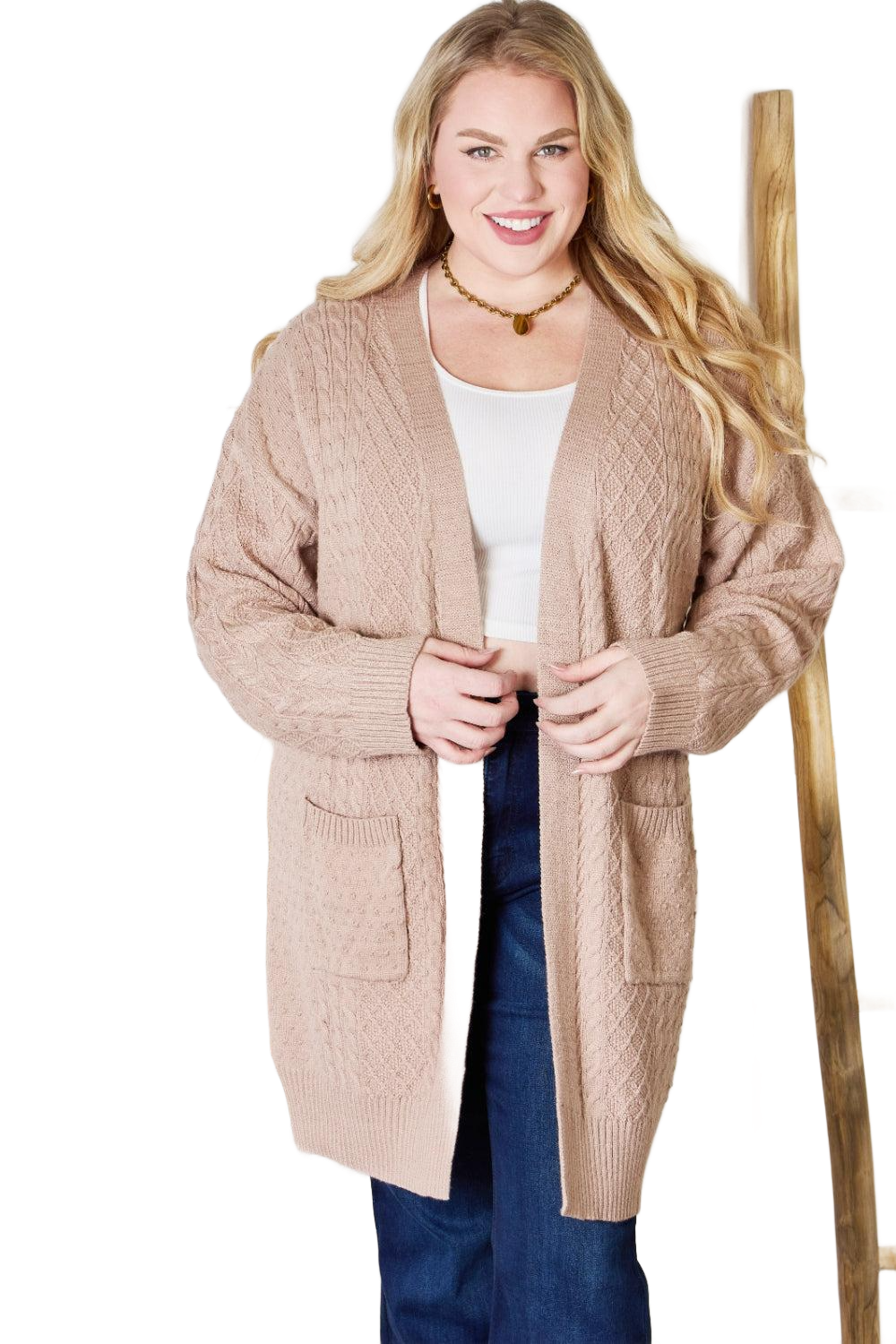 Full Size Cable-Knit Pocketed Cardigan