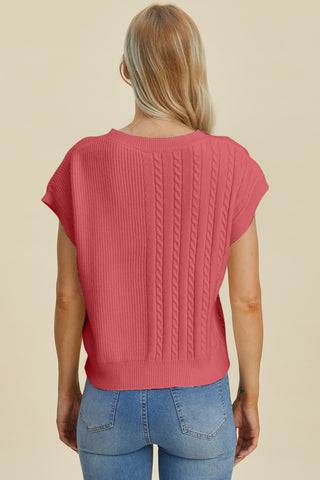 Full Size Cable-Knit Round Neck Short Sleeve Sweater