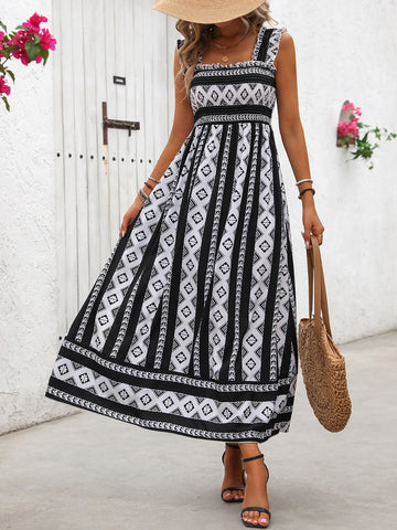 Printed Square Neck Wide Strap Cami Dress