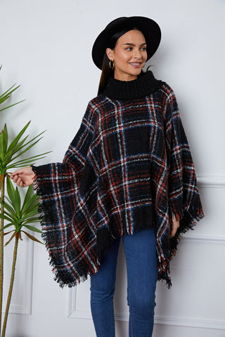 Turtleneck Plaid Raw Hem Sweater