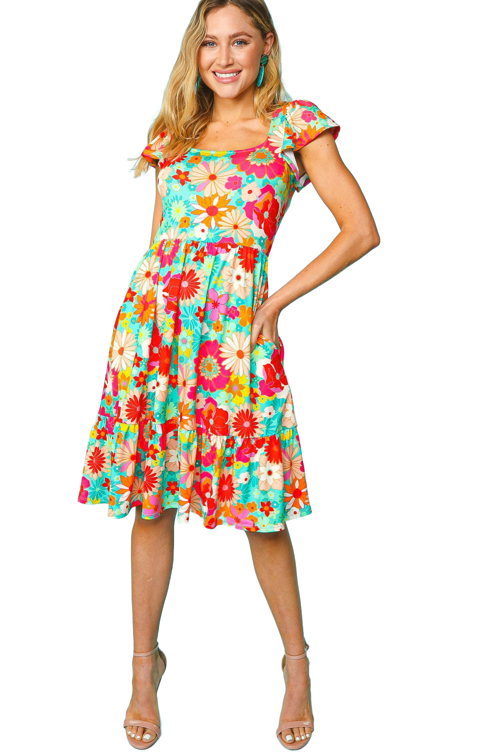 Floral Square Neck Short Sleeve Dress