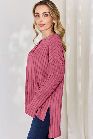 Full Size Ribbed Half Button Long Sleeve High-Low T-Shirt