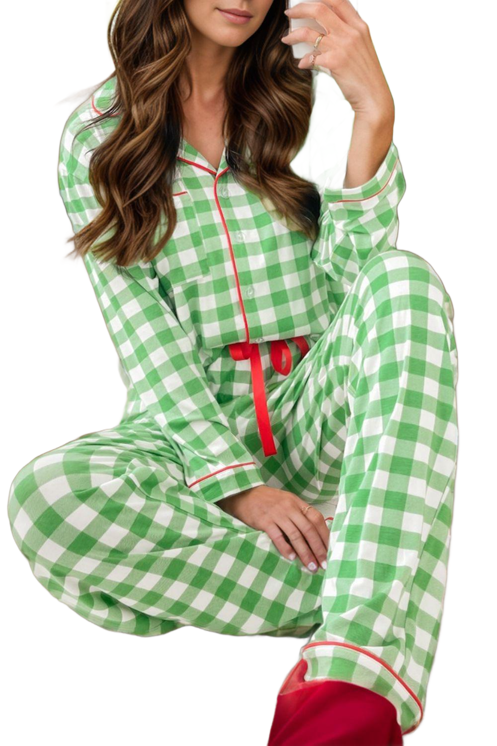 Contrast Piping Plaid Top and Pants Lounge Set