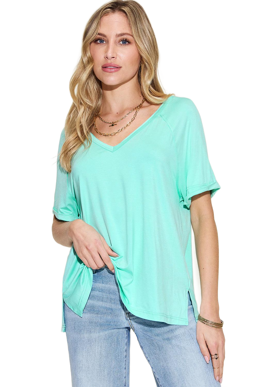 Full Size Slit V-Neck Short Sleeve T-Shirt