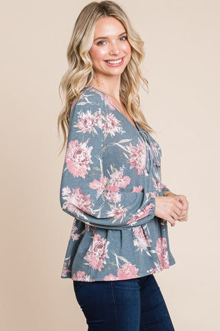 Super Lady Full Size Baby doll Floral Long Sleeve Blouse