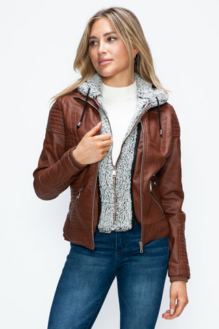 MI Faux Layered Double-Zipper Jacket with Fuzzy Hood