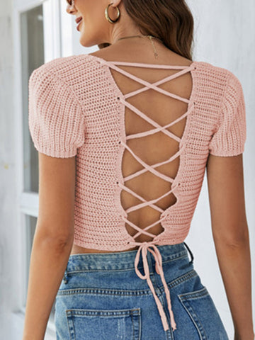 Lace-Up  Square Neck Sweater