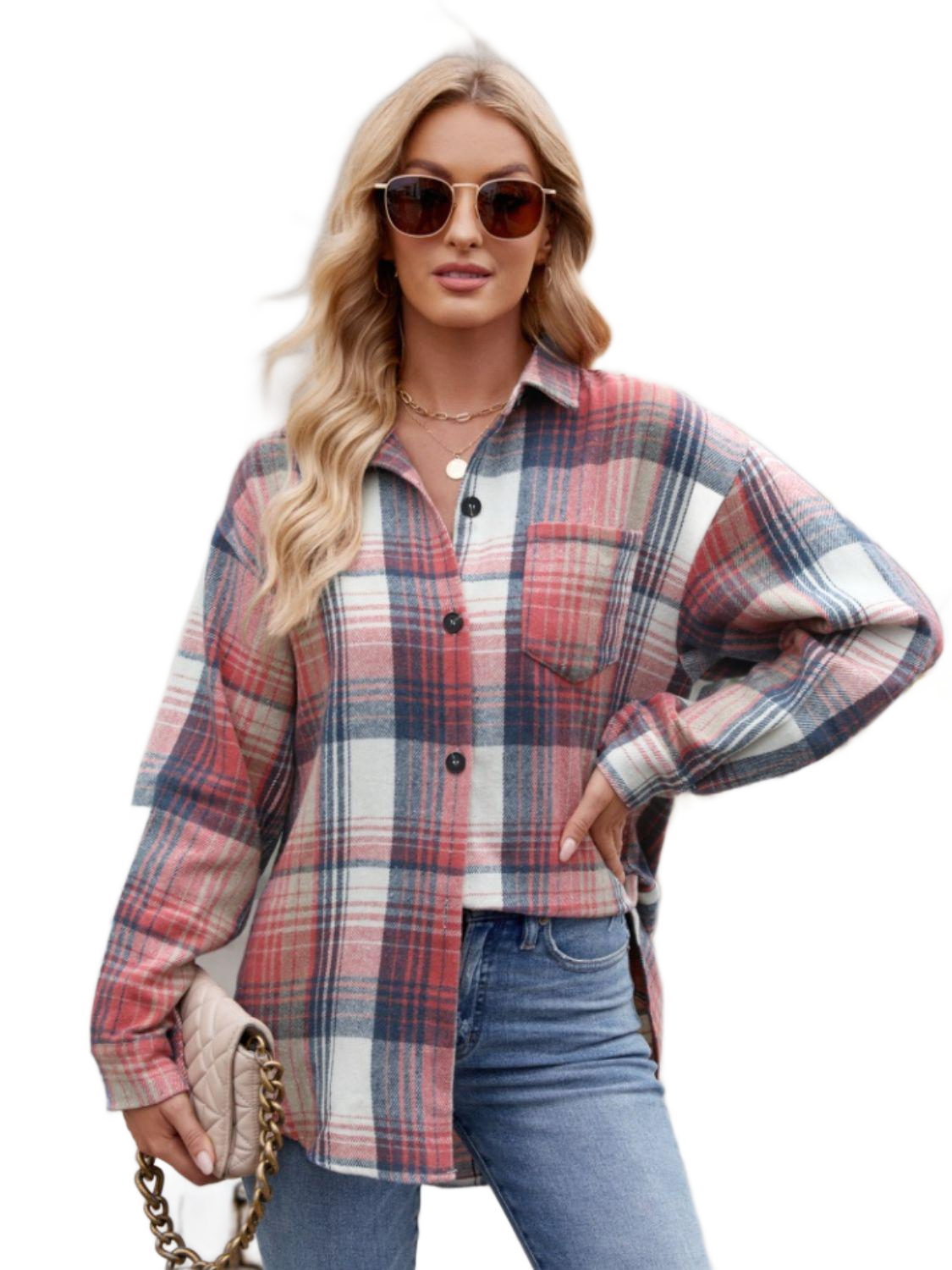 Pocketed Plaid Collared Neck Long Sleeve Shirt