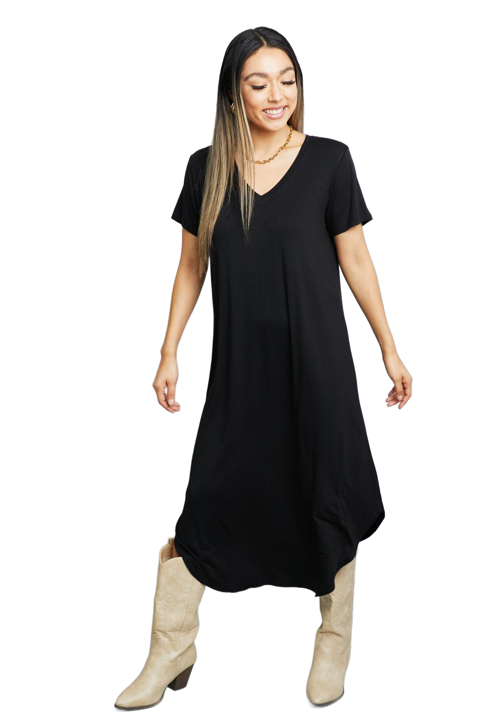 V-Neck Short Sleeve Curved Hem Dress in Black