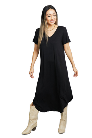 V-Neck Short Sleeve Curved Hem Dress in Black