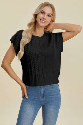 Full Size Cable-Knit Round Neck Short Sleeve Sweater