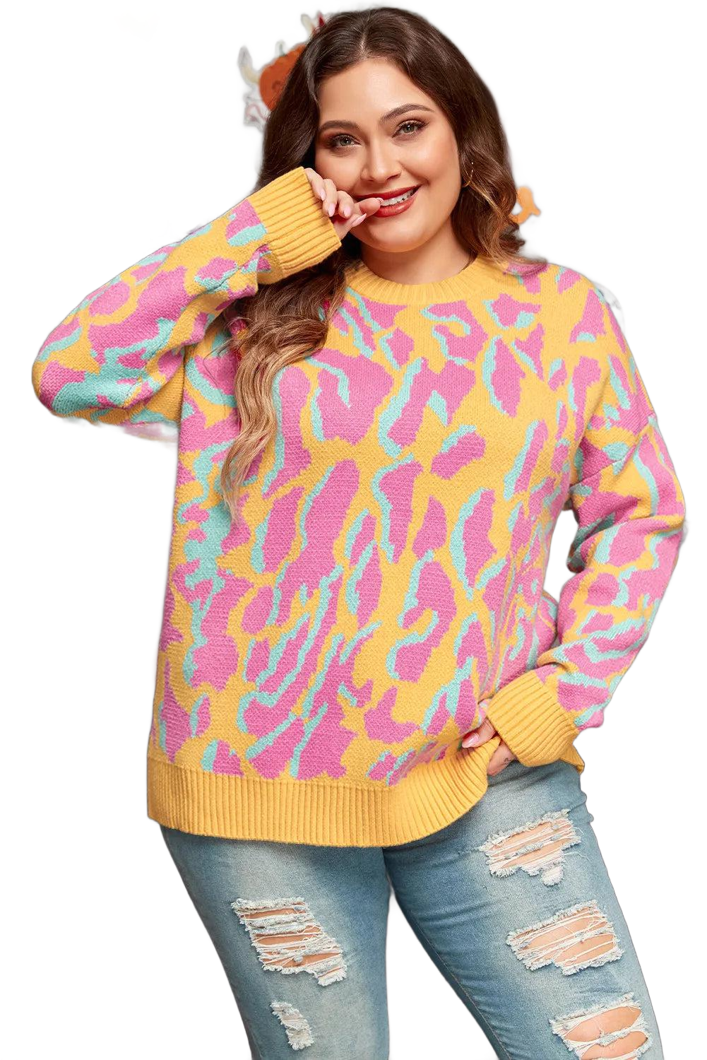 Plus Size Contrast Round Neck Long Sleeve Sweater