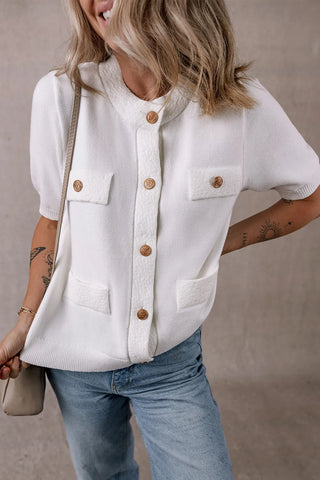 Button Up Round Neck Short Sleeve Knit Top