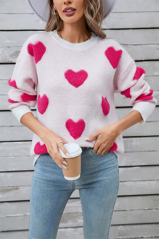 Heart Round Neck Long Sleeve Sweater