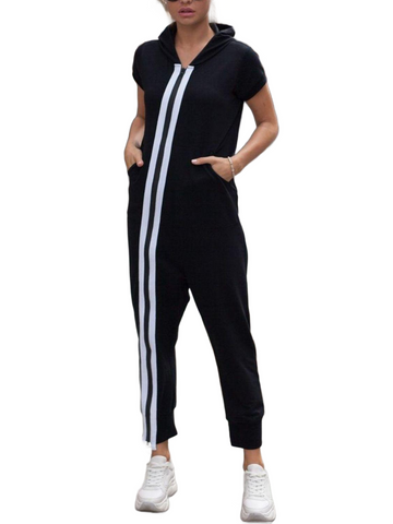 Striped Short Sleeve Hooded Jumpsuit