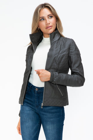 PMI Faux Layered Double-Zipper Jacket with Fuzzy Hood