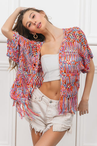 Bib Open Front Fringed Crop Knit Cardigan