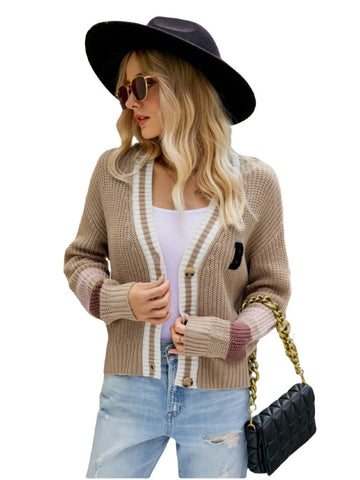 Contrast Button Up Dropped Shoulder Cardigan