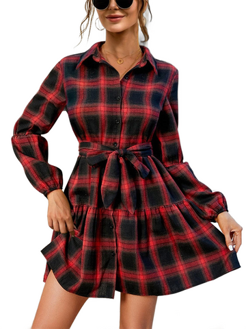 Tied Plaid Long Sleeve Mini Dress