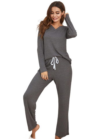 Notched Long Sleeve Top and Pants Set