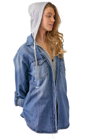 Zip Up Hooded Denim Shirt