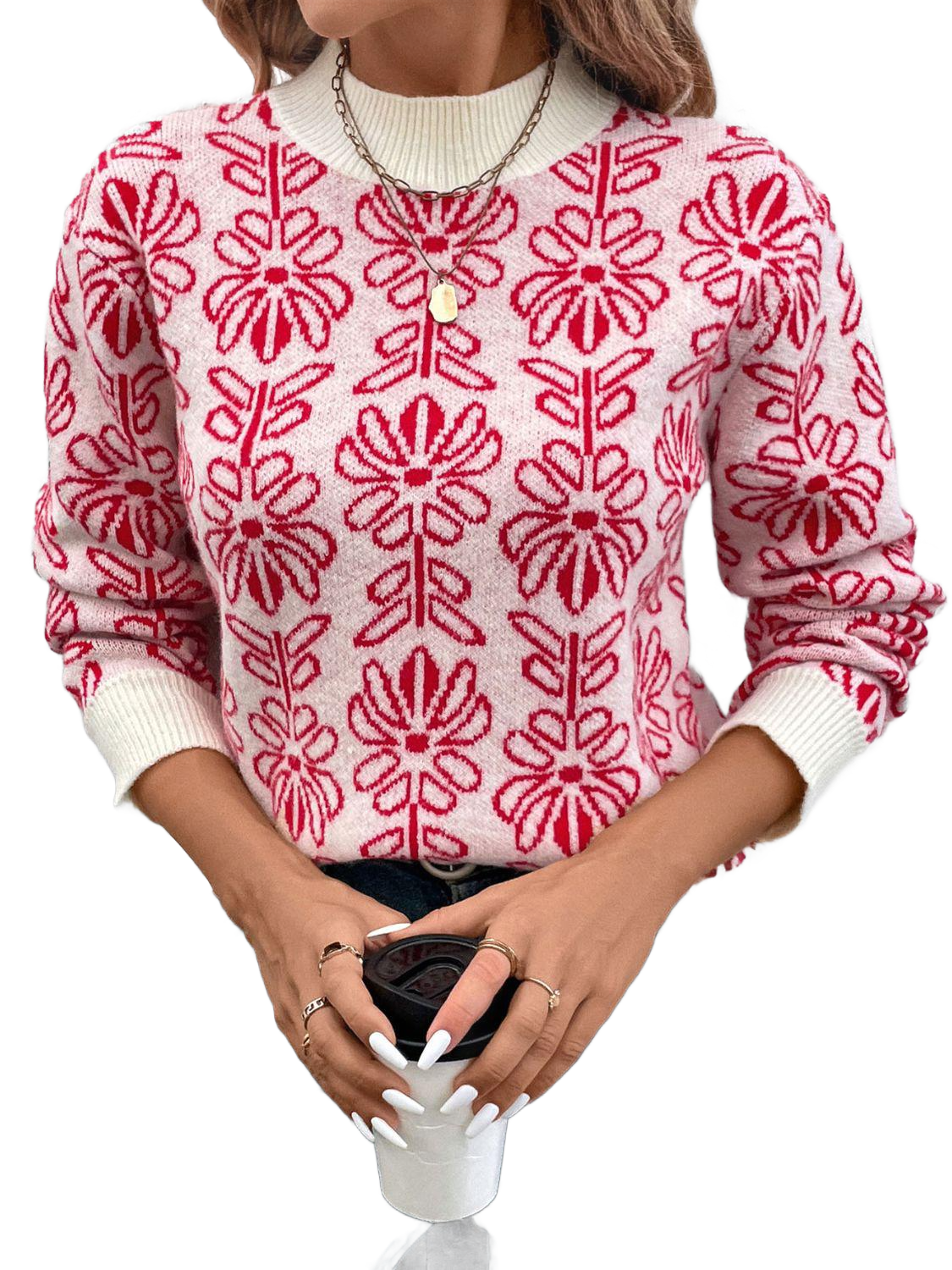 Flower Round Neck Long Sleeve Sweater