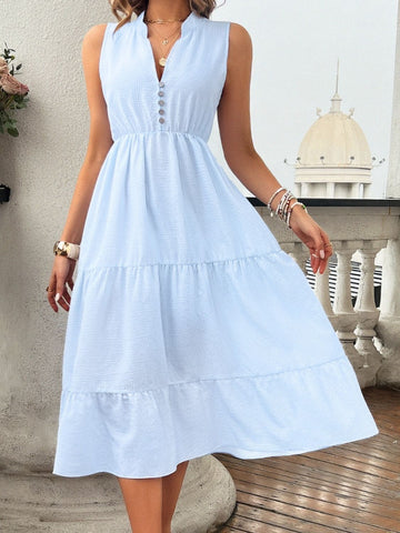 Tiered Notched Sleeveless Midi Dress