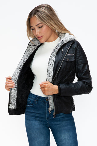 PMI Removable Faux Layered Multi-Pocket Jacket with Fuzzy Hood