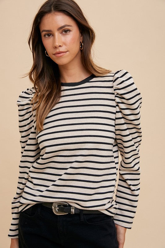 Annie Wears Striped Round Neck Puff Sleeve French Terry Top