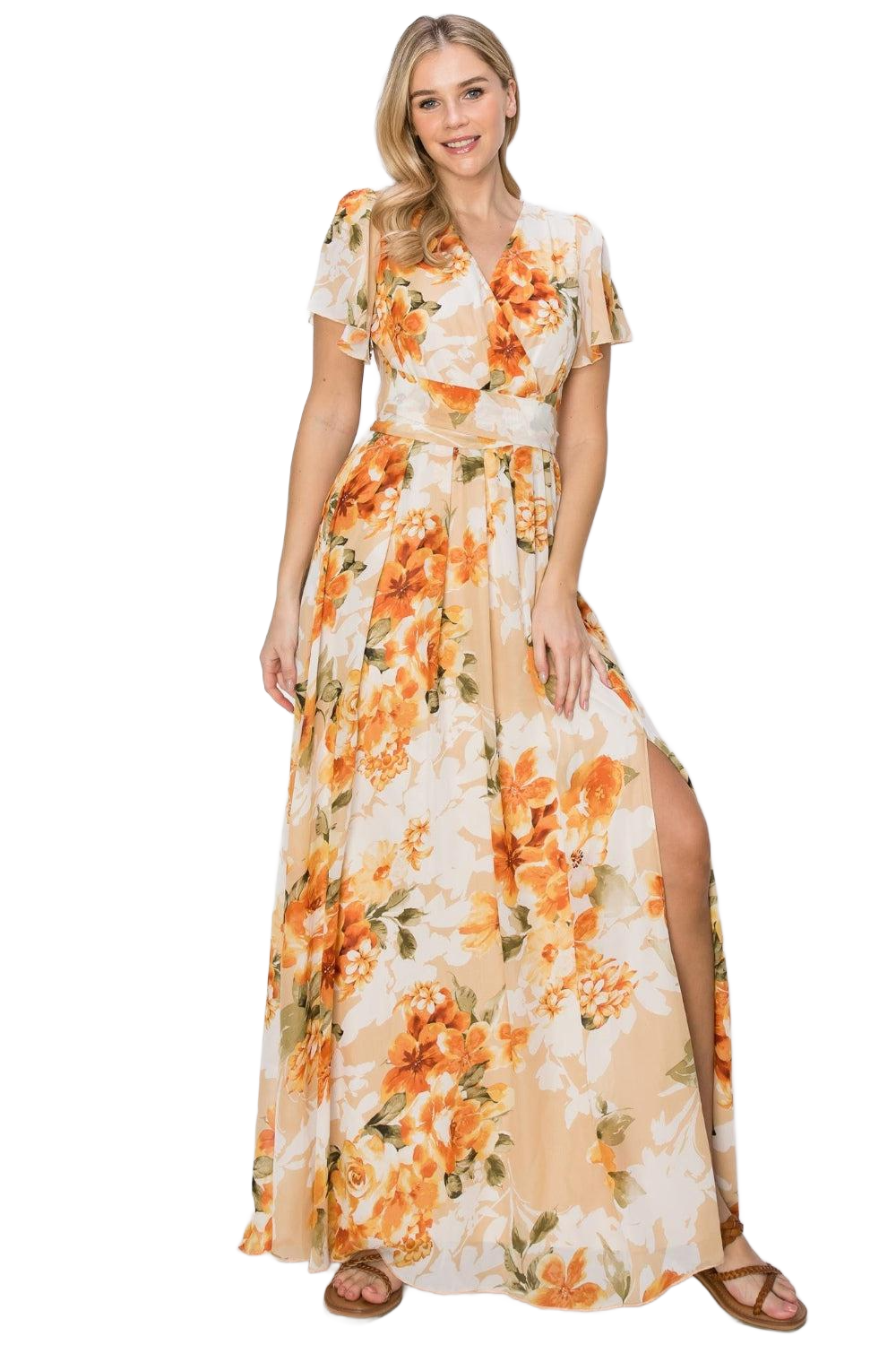 Floral Tie Back Short Sleeve Slit Maxi Dress