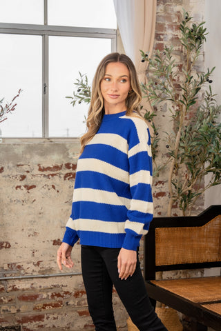 Full Size Contrast Striped Round Neck Sweater