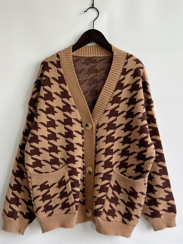 Hounds tooth Bottom Front  Cardigan with Pockets