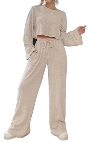 Round Neck Long Sleeve Top and Pants Set