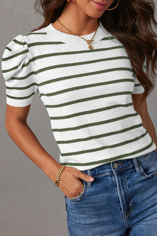 Striped Round Neck Puff Sleeve Knit Top