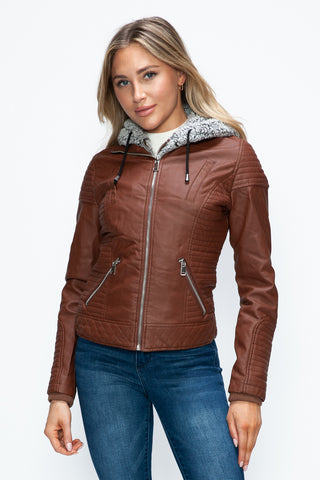 MI Faux Layered Double-Zipper Jacket with Fuzzy Hood